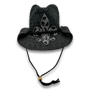 Womens Straw Cowboy Cowgirl Hat Rhinestone Fleur De Lis Lily With Chin Strap